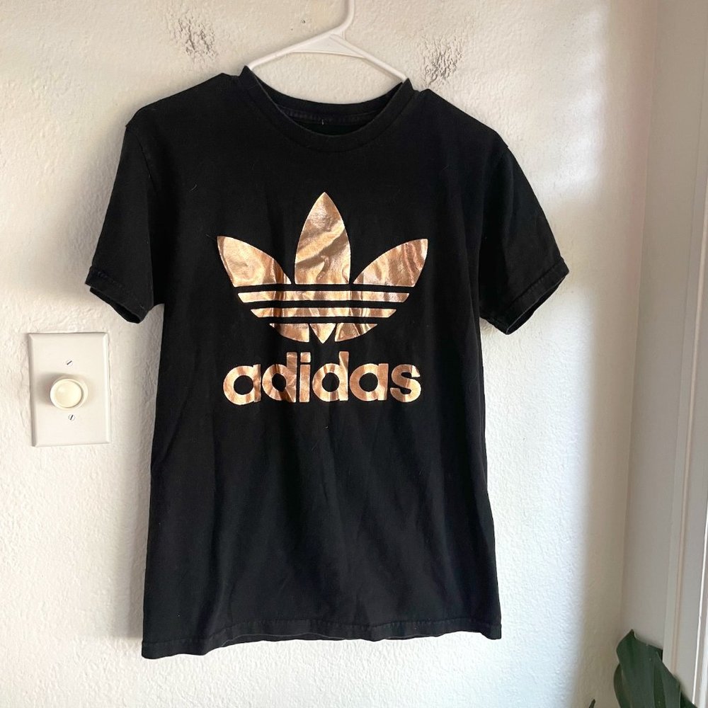 Adidas Rose Gold Foil Print Black Logo T-Shirt Casual Athleisure